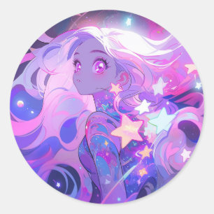 Sticker Rond Cosmic rose et pourpre Anime Girl