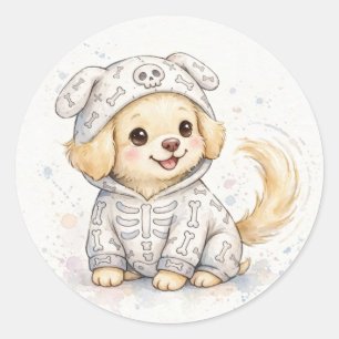 Sticker Rond Costume de squelette de chiot doré Halloween