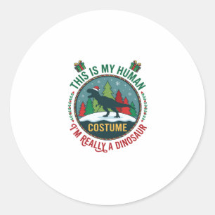 Sticker Rond Costume Humain Dinosaure Noël Chapeau de Père Noël