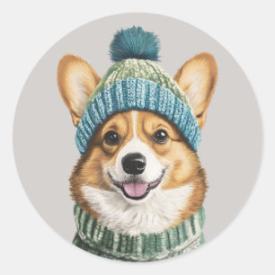 Sticker Rond Cosy Corgi en hiver
