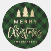 Sticker Rond Cosy Plaid | Plaid de bisons verts et noirs (Devant)