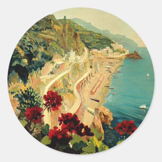 Sticker Rond Côte italienne d'Amalfi, Poster Vintage voyage Ita (Devant)
