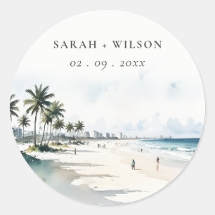 Sticker Rond Côte Miami Beach Palm Tree Mariage d'aquarelle