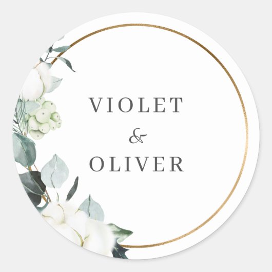 Sticker Rond Coton d'Eucalyptus | Mariage moderne blanc (Devant)