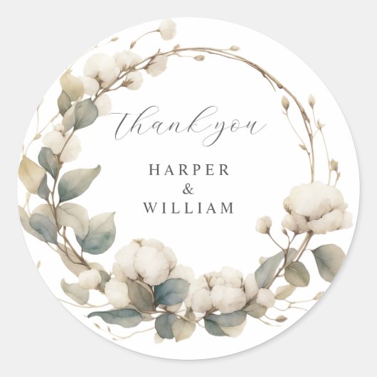 Sticker Rond coton & eucalyptus merci mariage (Devant)