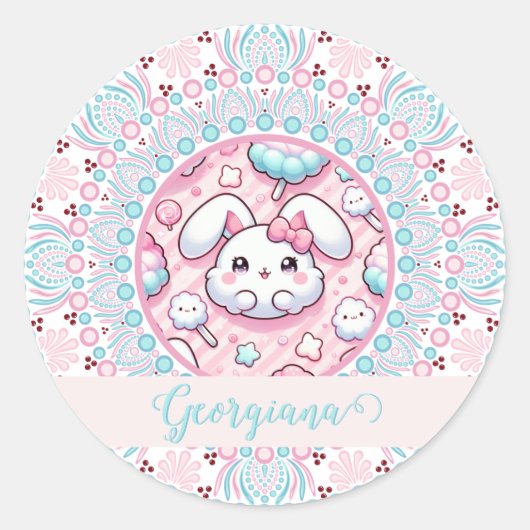Sticker Rond Coton Personnalisé Candy Kawaii Bunny Dot Mandala (Devant)