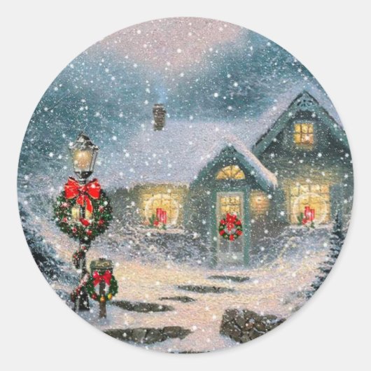 Sticker Rond Cottage d'hiver de Noël (Devant)