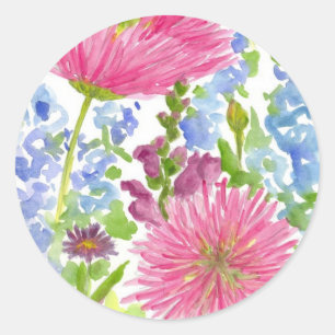 Sticker Rond Cottage Jardin Dahlia Bouquet Aquarelle Fleurs