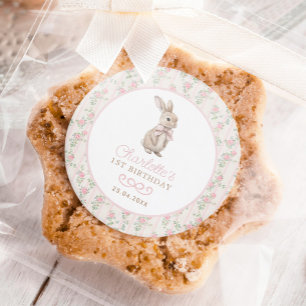 Sticker Rond Cottage rose Chic Bunny Floral Girl 1er anniversai