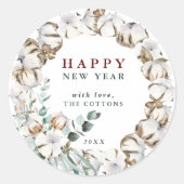 Sticker Rond Cotton Flower Wreath Happy New Year (Devant)