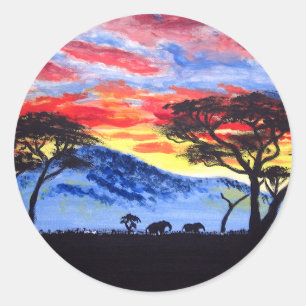 Sticker Rond Coucher de soleil africain Safari animal Silhouett