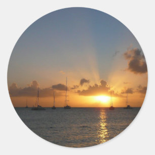 Sticker Rond Coucher de soleil avec voiliers Paysage tropical P