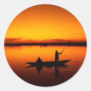 Sticker Rond Coucher de soleil, bateau d'aviron Silhouette-1649