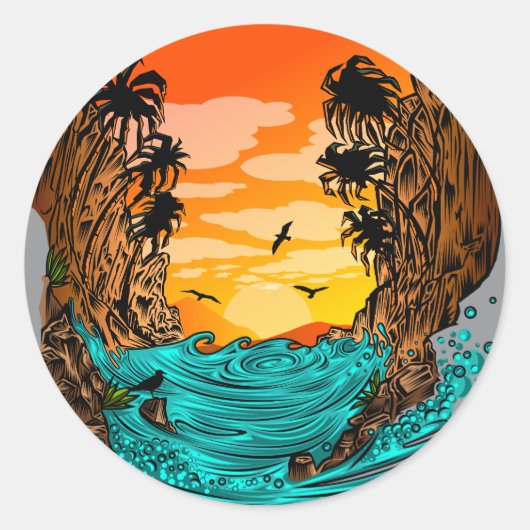 Sticker Rond Coucher de soleil de palmier (Devant)