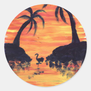 Sticker Rond Coucher de soleil flamant rose art par EelKat