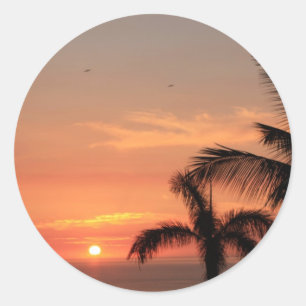 Sticker Rond Coucher de soleil hawaïen orange, oiseaux et palm