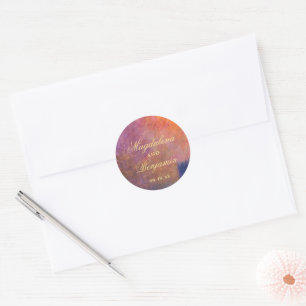 Sticker Rond Coucher de soleil orange doré violet ciel art Mone