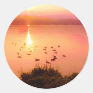 Sticker Rond Coucher de soleil rose et de lac de pêche