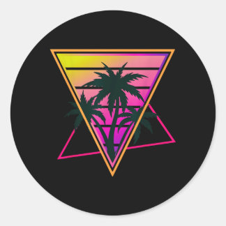 Sticker Rond Coucher de soleil sur la plage aux palmiers rétro