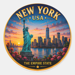Sticker Rond Coucher de soleil sur la skyline de New York à l'h