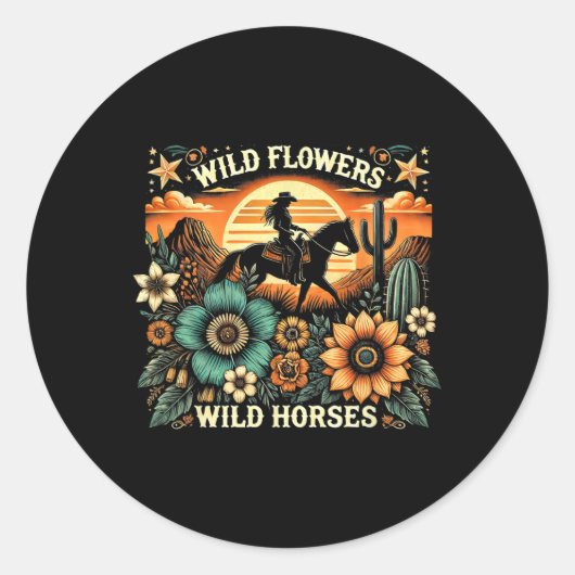 Sticker Rond Coucher du soleil fille équitation Cheval Fleurs s (Devant)
