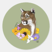 Sticker Rond Cougar Mountain Lion Puma Fleurs (Devant)