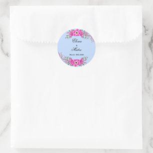 Sticker Rond Couleur bleu pâle avec jardin de fleurs roses élég