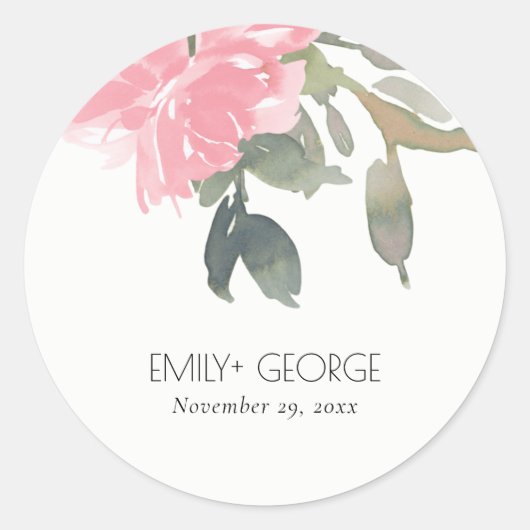 STICKER ROND COULEUR D'EAU ROSE ROSE DOUCE MARIAGE FLORAL (Devant)