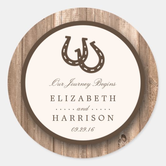 Sticker Rond Country Rustic Horseshoe & Brown Wood Mariage (Devant)
