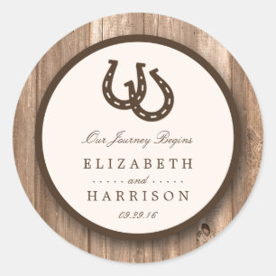 Sticker Rond Country Rustic Horseshoe & Brown Wood Mariage