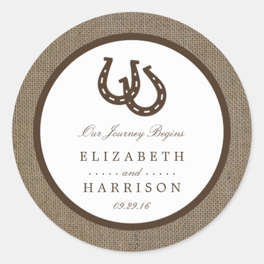 Sticker Rond Country Rustic Horseshoe Sur Burlap Mariage (Devant)