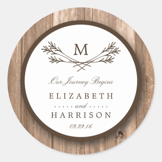 Sticker Rond Country Rustic Monogram Branche & Mariage bois (Devant)