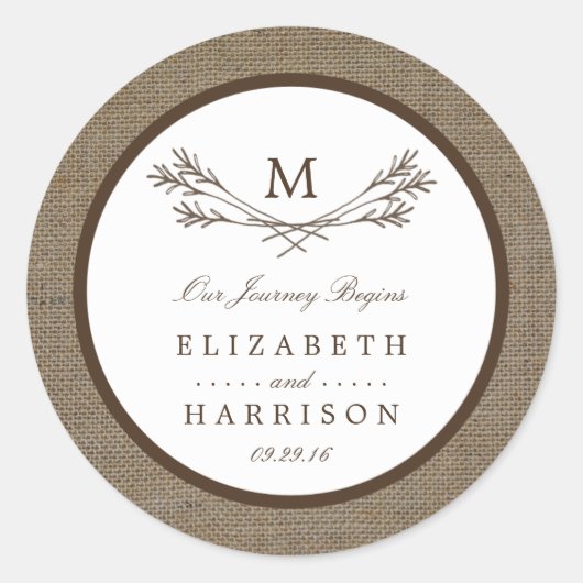 Sticker Rond Country Rustic Monogramme Branche & Mariage Burlap (Devant)