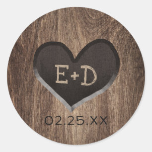 Sticker Rond Country Wood Heart Monogramme Rustique Mariage