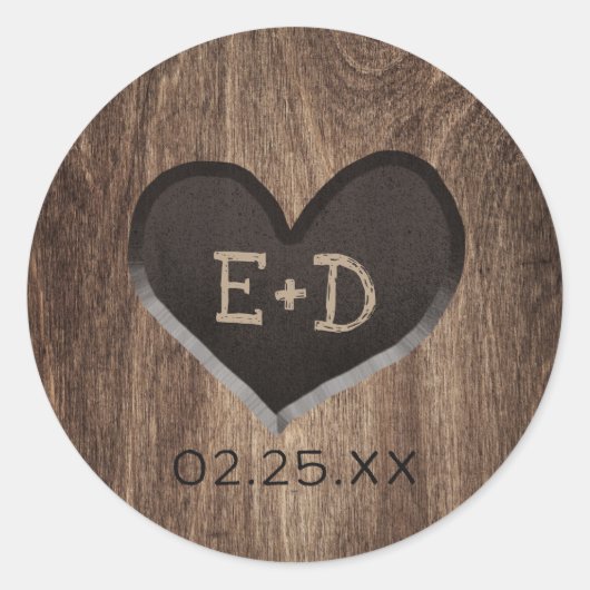 Sticker Rond Country Wood Heart Monogramme Rustique Mariage (Devant)