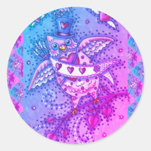 STICKER ROND COUP DE FOUDRÉ CHOUETTE CUPIDON VALENTIN COUPE
