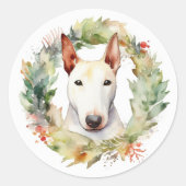 Sticker Rond Coupe de fête de la couronne de Noël Bull Terrier (Devant)