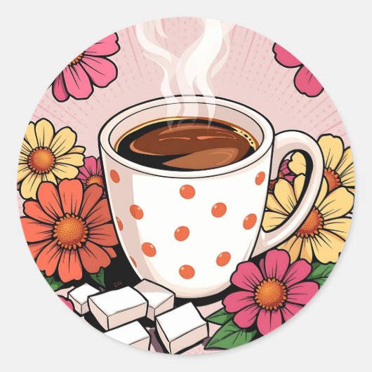 Sticker Rond Coupe et fleurs de café Polka Dot Cute (Devant)