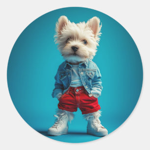 Sticker Rond Coupe Westie stylish en Denim et Basket