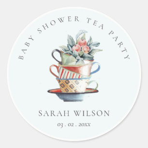 Sticker Rond Coupes Stoppées Sky Blue Baby shower Floral Tea Pa