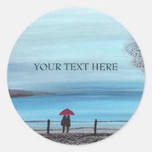 Sticker Rond Couple amoureux de carte postale parapluie rouge