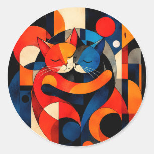 Sticker Rond Couple de chats géométriques colorés s'étreignant
