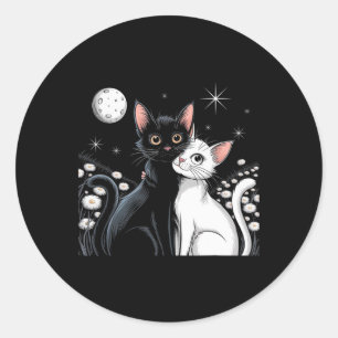 Sticker Rond Couple de chats Lune Amour Étreinte Saint-Valentin