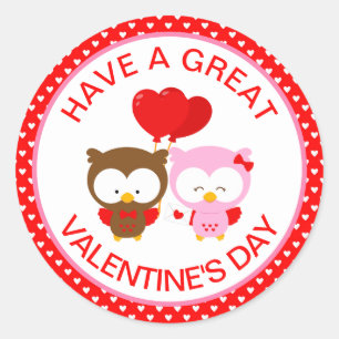 Sticker Rond Couple de hiboux mignons et Saint-Valentin coeurs