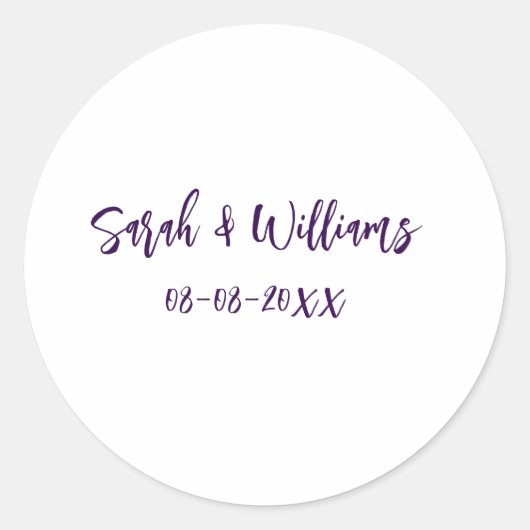 Sticker Rond couple de mariages. Nom date violet simple mo mini (Devant)