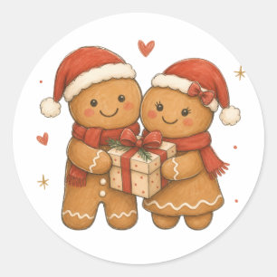 Sticker Rond Couple en pain d'épices avec cadeau et chapeaux de