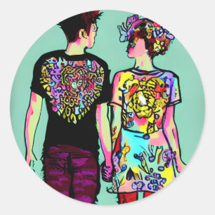 Sticker Rond Couple Rock Grunge en amour