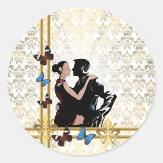 Sticker Rond Couple romantique sur damassé blanc