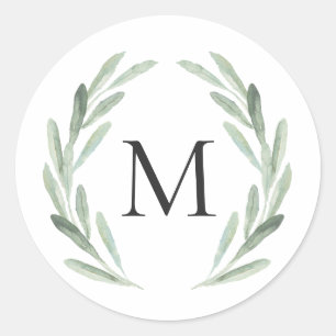 Sticker Rond Courbe d'aquarelle verte rustique Monogramme simpl