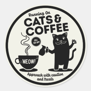 Sticker Rond Courir avec des chats et du café